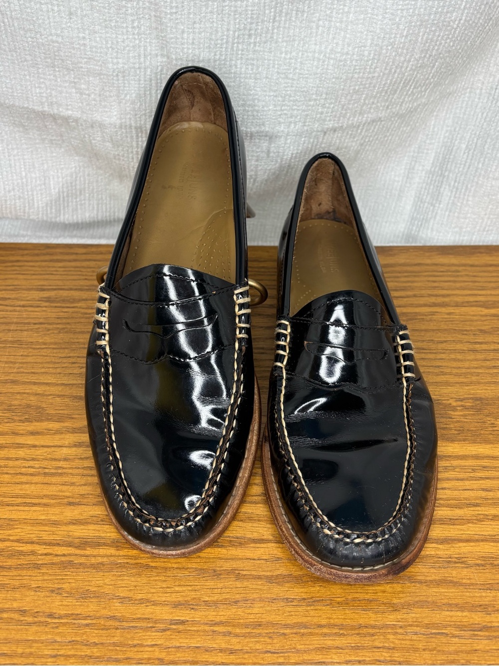 G.H. Bass & Co. Black Patent Leather Penny Loafers with Brown Trim